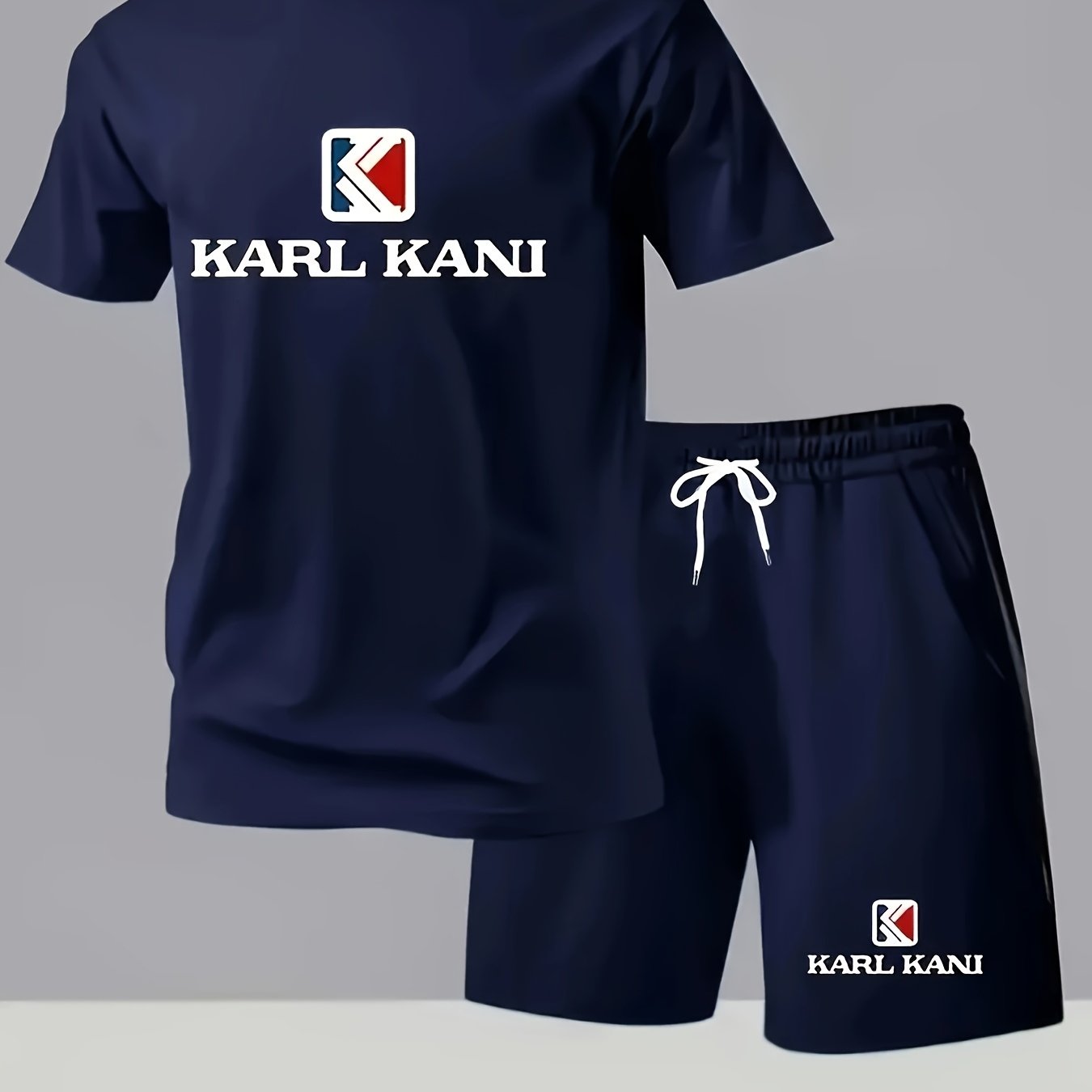 Summer Men's Casual Sport Short Sleeve T-Shirt and Shorts Set, Knitted Polyester Fabric, Comfortable Breathable, Suitable for Outdoor Jogging Running Fitness, KARL KANI Letter Print Design - 2pcs