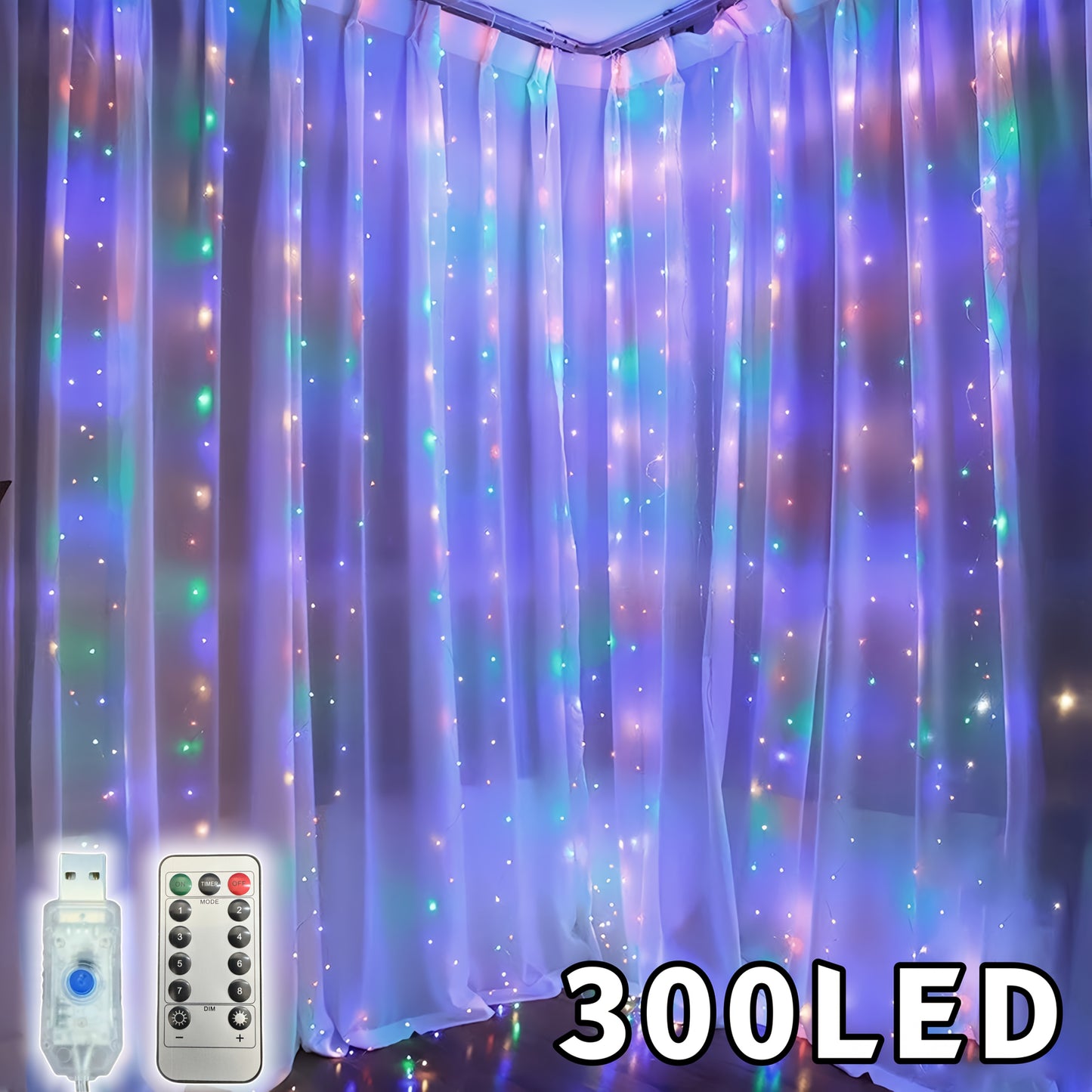 1pc, Christmas fairy lamp, 300LED fairy tale curtain lamp, USB plug, 8 modes, including timing/dimming function, DIY bedroom modeling, very suitable for Christmas, Valentine's day, home wall decoration, living room decoration