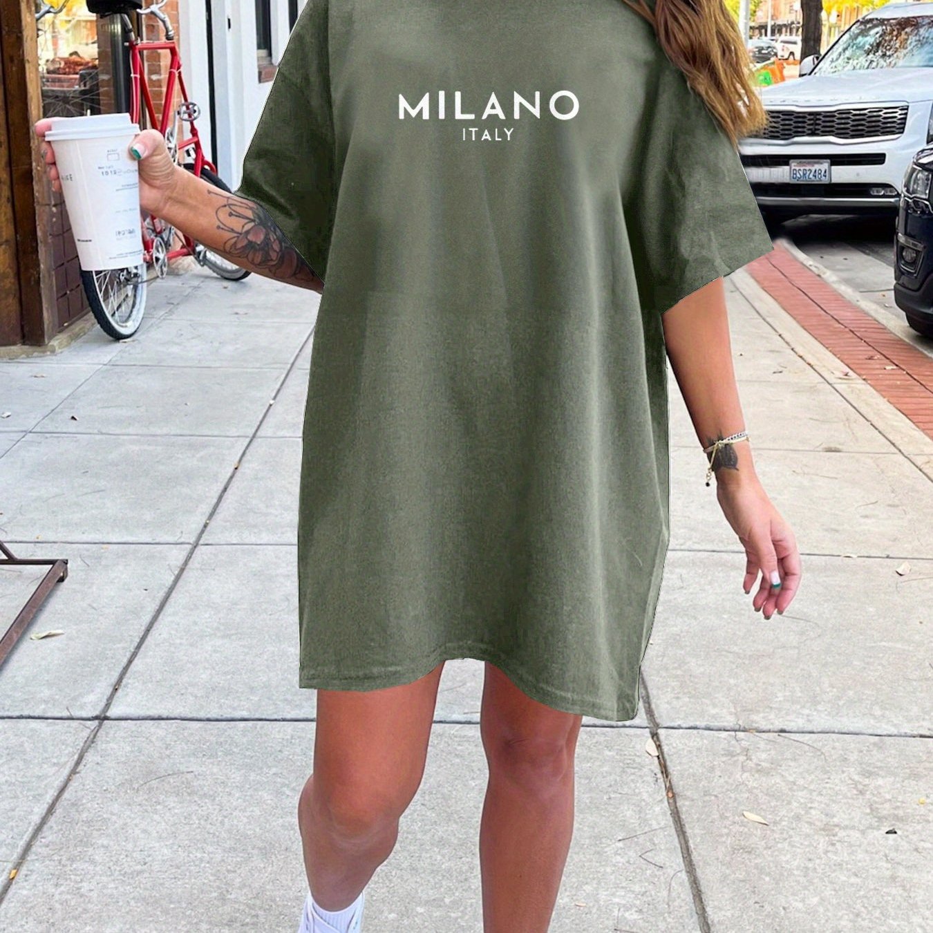 Women'S Casual T-Shirt Dress with "MILANO ITALY" Print, Short Sleeve, Round Neck, Loose Fit, White with Black Lettering, Perfect for Summer, Casual Summer Dress | Relaxed Fit Dress | Comfortable Fashion, Ladies T Shirts