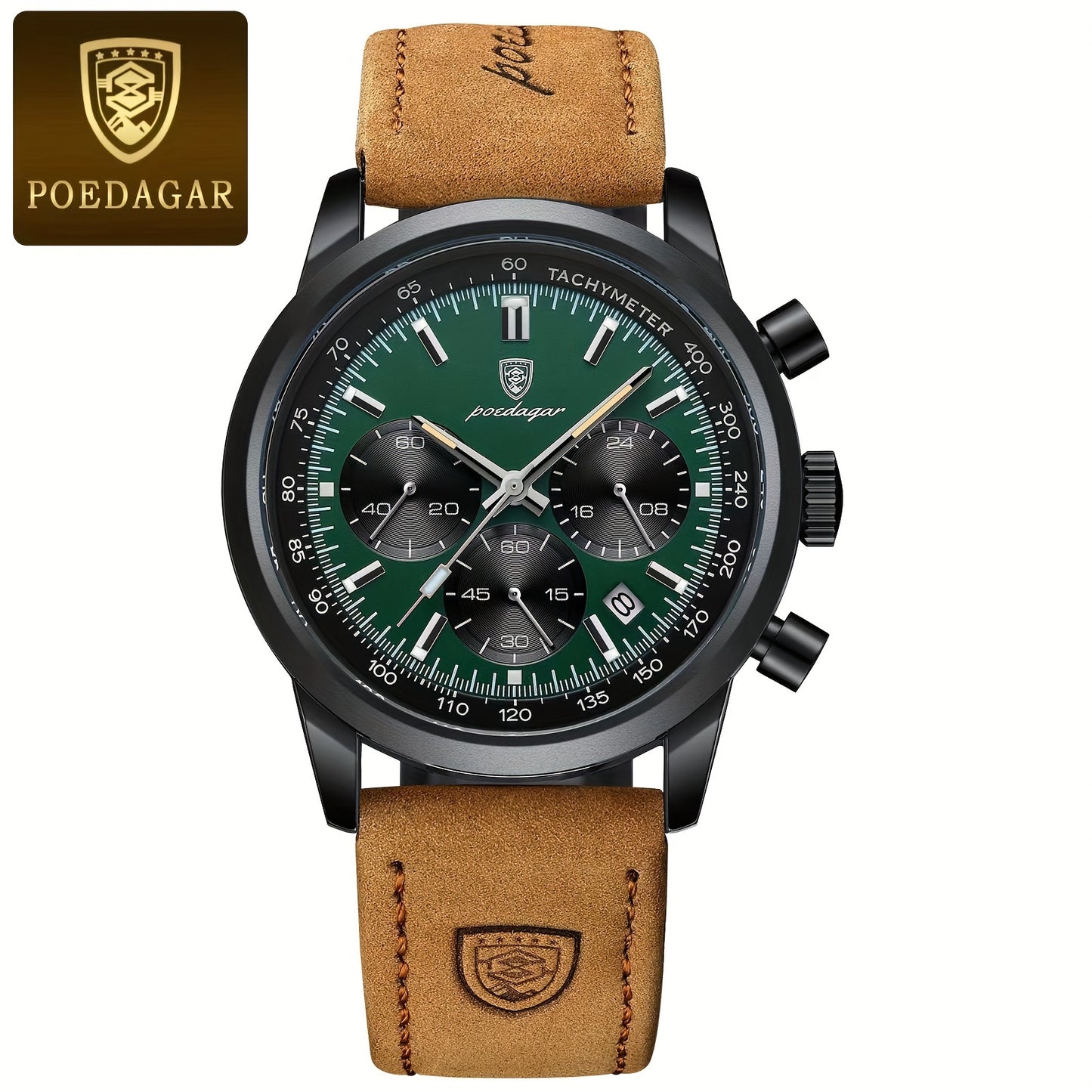 POEDAGAR Men's Luxury Chronograph Watch with Luminous Dial, High Quality 30m, Quartz Movement, Date Display & Brown Faux Leather Strap - Casual & Formal Wristwatch