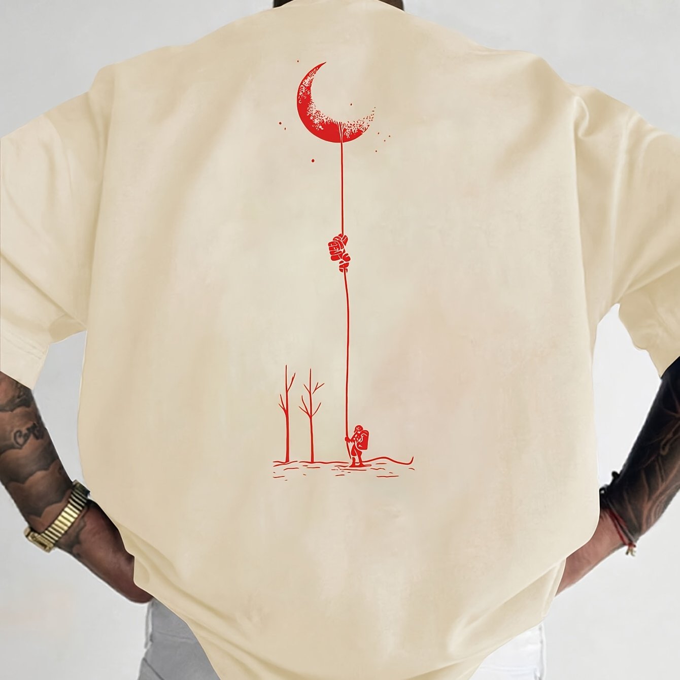 Men's Graphic Print Short Sleeve T-Shirt - Black Relaxed Fit Casual Round Neck, Durable Polyester Fabric, Machine Washable Summer Outdoor Top, Moon And Trees Design | Lightweight Clothing