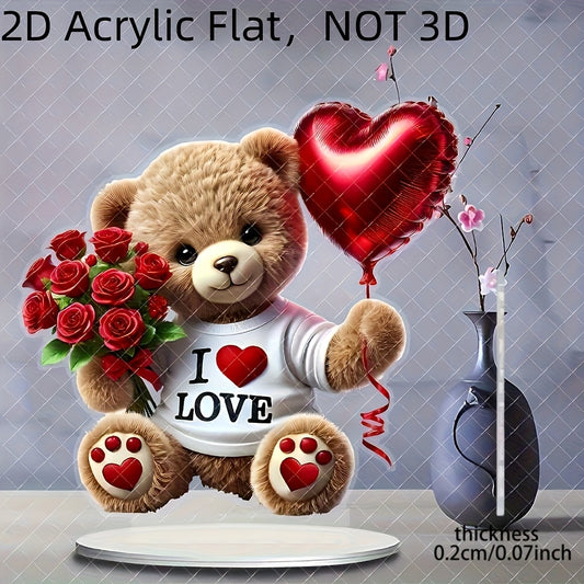 1pc, 2D Acrylic Flat, Charming Bohemian Style Acrylic Teddy Bear with Roses and Heart Balloons - "I Love" Design, 22.1x19.99 cm - Suitable for Home, Office, Garden, Ideal Gift