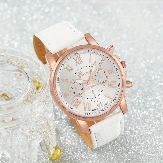 2pcs CAYON Women'S Quartz Watch & Bracelet Set - Elegant White Faux Leather Strap with Rose Golden-Tone Accents, Sparkling Crystal Bracelet, Casual Style, Perfect Valentine'S Day Gift, Valentine'S Day Accessory | Elegant Watc