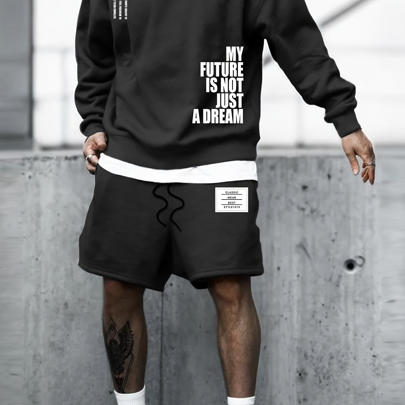 My Future Is Not Just A Dream Print Men's 2Pcs Outfits Casual Crew Neck Long Sleeve Sweatshirt & Short Set For Winter Fall Men's Clothing