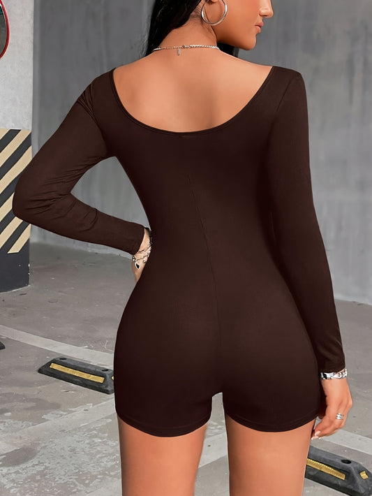Women'S Sexy Bodycon Jumpsuit - Stretchy High-Waisted Long Sleeve Round Neck Slim Fit All-Season Versatile Outfit for Casual & Formal Wear, Solid Color, Clothes for Ladies, Formal Attire, Sensual Style, Snug Fit