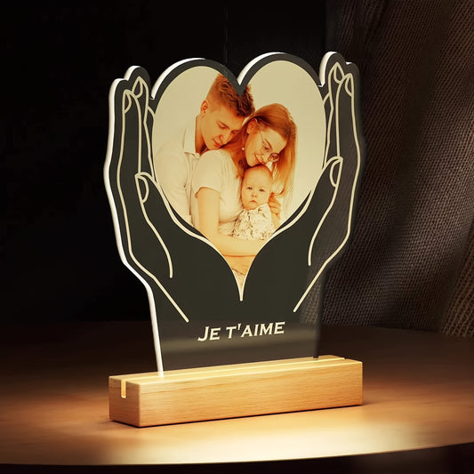 Custom Photo Frame with Hand and Heart Design, Personalized Tabletop Acrylic Frame, Vertical Oblong Orientation, Ideal for Wedding, Bridal Party, Anniversary, Birthday - Couples, Friends, Mom Keepsake - Fits Various Photo Siz