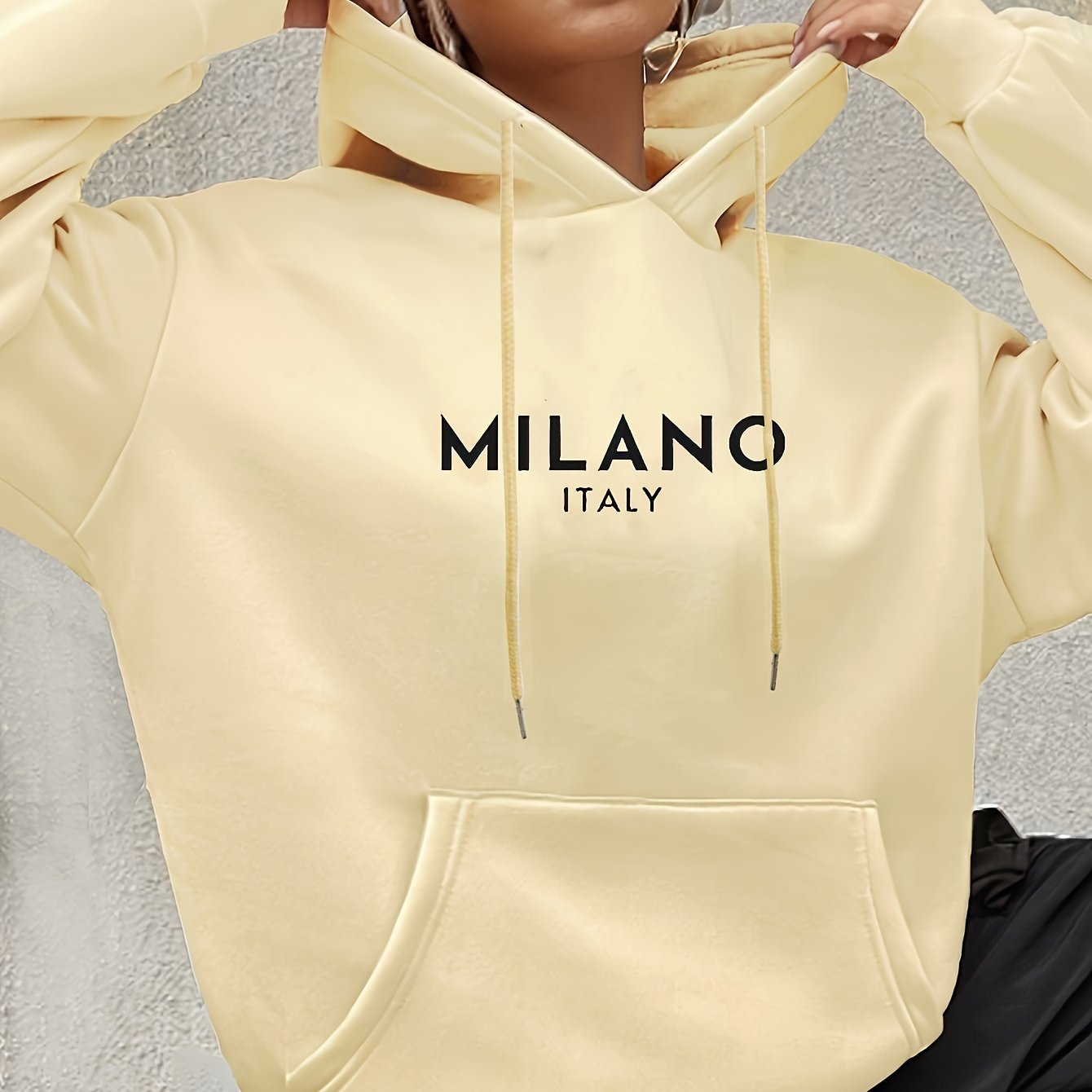 Milano Italy Polyester Hoodie for Women - 100% Knit Fabric, Alphabet Print, Casual Long Sleeve Sweatshirt with Pocket, Fashionable European Trip Inspired Hooded Sweatshirt, Spring/Summer/Fall Collection