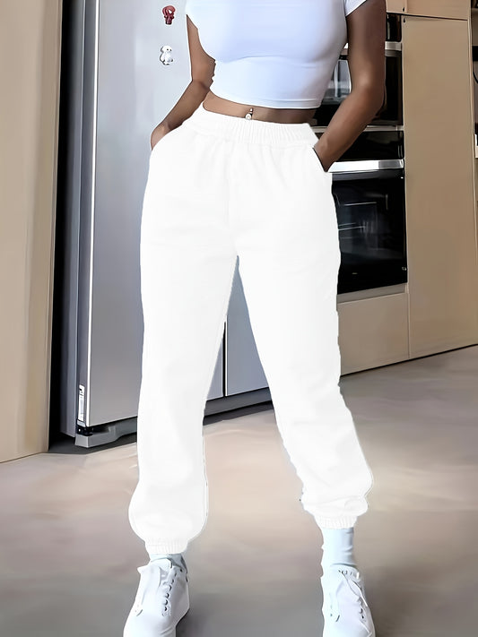 High-Waisted Elastic Jogger Pants for Women - 100% Polyester Casual Style Solid Color Trousers for Spring/Summer/Fall