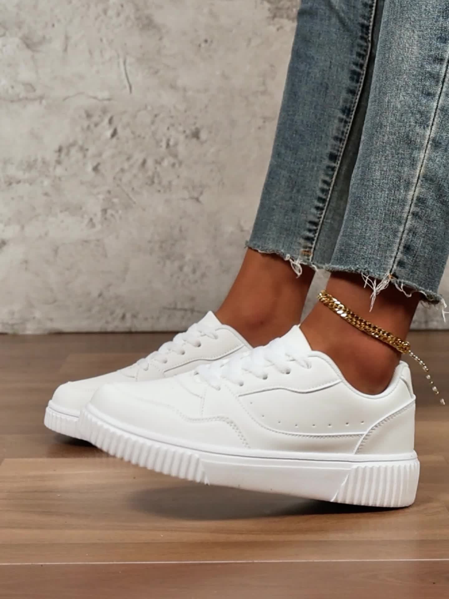 Women's White Low-Top Casual Sneakers - Lightweight Comfortable Lace-Up Shoes with Synthetic Cover Upper, EVA Cushioned Sole & Breathable Fabric Lining for All-Season Versatile Wear, Shoe Laces for Sneakers, Minimalist Design