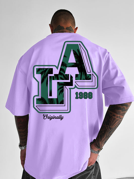Men'S Casual Y2K LA Graphic T-Shirt - Bold Oversized "LA" Letter Print, Comfortable & Breathable with Slight Stretch, Perfect for Home & Outdoor Activities, Spring/Summer Fashion, Machine Washable, Loose Fit Short Sleeve Crew
