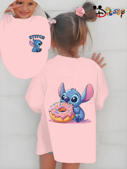 Cute Stitch Print Kids Short Sleeve Shirt 1-12Y Boys Girls Summer Outdoor Soft Fabric Breathable Top Perfect Birthday & Holiday Present