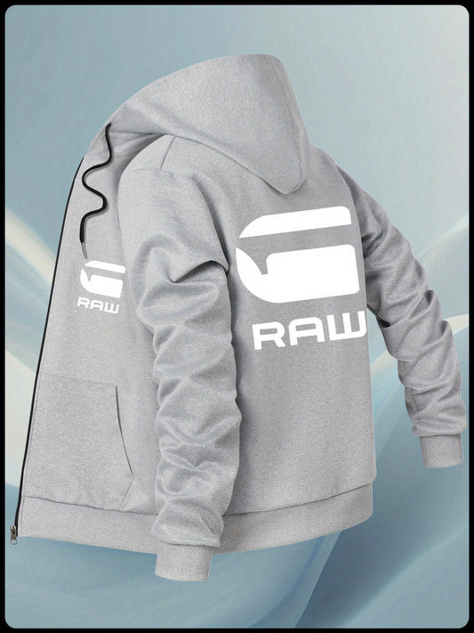 Men'S Casual Hooded Jacket with "RAW" Graphic Print - Light Gray Zip-Up Coat, Polyester Lining, Regular Fit, Front Pockets, Casual Outerwear | Trendy Casual Jacket | Polyester Lined Interior