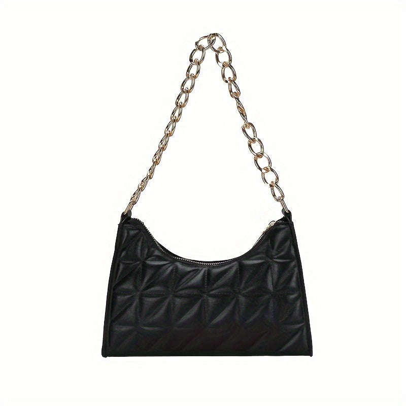 Women's Lightweight Shoulder Bag - Glossy Black Handbag with Golden Chain Strap, Zip Closure, Elegant Everyday & Formal Purse for Women, Parties, Travel, Office - Luxury Chain Strap & Zipper Closure, Party Accessory, Modern S
