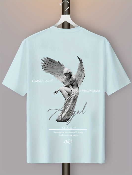 Men'S Casual Street Style Angel Graphic T-Shirt - "Female Devity" Print, Loose Fit, Polyester Blend, Summer Essential, Textured Look, Black with White Design, Short Sleeve, Round Neck, Perfect for Casual Attire, Everyday Tshi
