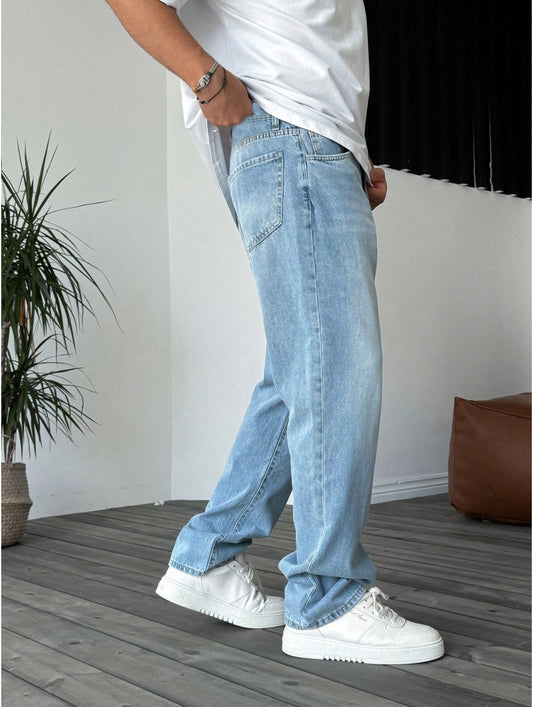 Men'S Slim Fit Straight-Leg Casual Washed Jeans - Minimalist Denim Long Pants, Medium Stretch, All-Season Comfort, Solid Color Design, Versatile for Casual Attire, Allseason Jeans | Minimalist Style | Stretch Denim Fabric