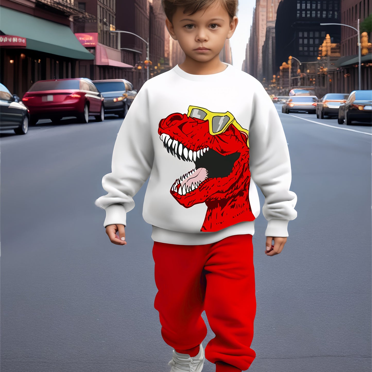 2pcs boys' casual sweatshirt and pants set with cool dinosaur print, perfect for autumn and winter seasons. Ideal as a gift or for leisure, sports, and vacation activities. Suitable for outdoor wear, Perfect for Outdoor
