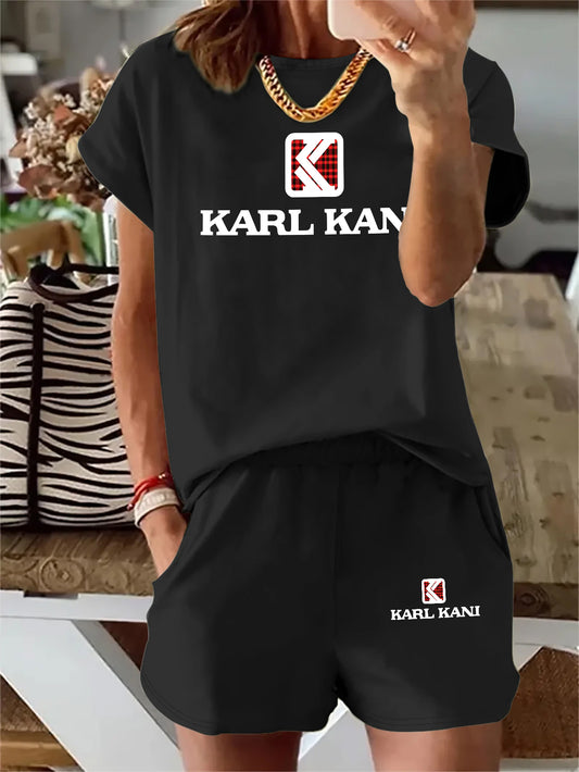 2pcs Square Frame Red and Black Plaid KARL KANI Print New Women's Summer Fashion Casual Round Neck T-Shirt Short Sleeve Polyester Spandex Sport Set