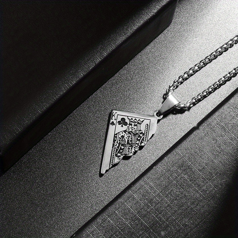 1pc Stainless Steel Half-Heart Playing Card Pendant Necklace - Punk Gothic Style Intricate Spade & Heart Design Durable Unisex Jewelry Gift for Men Women, Heart Pendant Necklace, Statement Accessory, Polished Metallic Finish