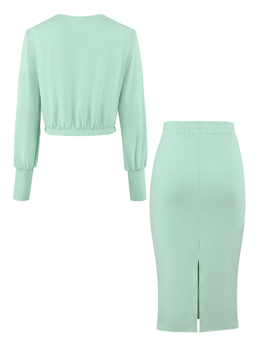 Women'S "NOPE not today" Print Long Sleeve Crop Top & Drawstring Skirt Set - Casual Polyester Blend, Light Green, Stylish Beltless Design with Pockets, Casual Attire|Crop Top Design|Stretchy Fabric