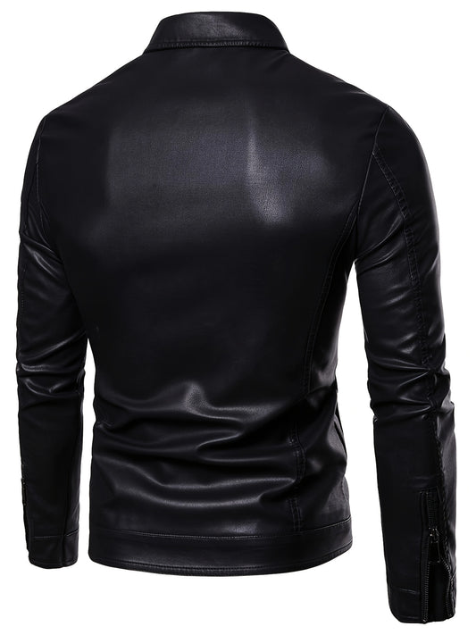 Men'S Slim-Fit Faux Leather Jacket - Black Casual Zip-Up Bomber with Lapel Collar, Long Sleeves, and Pockets for Autumn & Winter, Autumn Winter Jacket | Sleek Black Jacket | Polyester Lined Jacket