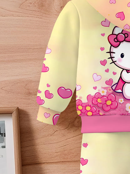 Sanrio 2pcs Girls' Set | for Hello Kitty Floral Heart Digital Print Design, Long Sleeve Hooded Sweatshirt and Pants Outfit, Kids Clothing Gift, Suitable for Autumn/Winter Season, Casual Sportswear Set, Perfect for Outdoor Use