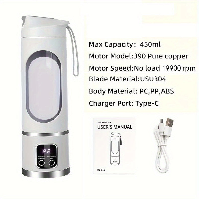 USB-Powered Portable Blender & Juicer with Digital Display, Stainless Steel Blade & Large Capacity (10.14-16.91oz) - Cordless Electric Mixer for Smoothies, Ice, Fresh Fruit Drinks - Compact Design with Ergonomic Handle, Speed