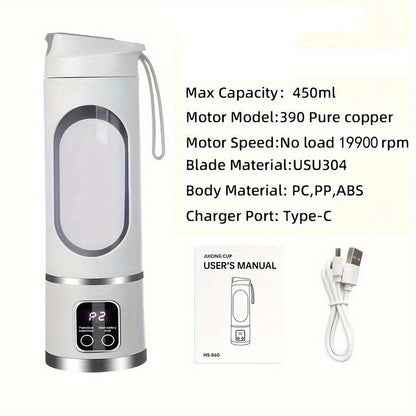 USB-Powered Portable Blender & Juicer with Digital Display, Stainless Steel Blade & Large Capacity (10.14-16.91oz) - Cordless Electric Mixer for Smoothies, Ice, Fresh Fruit Drinks - Compact Design with Ergonomic Handle, Speed