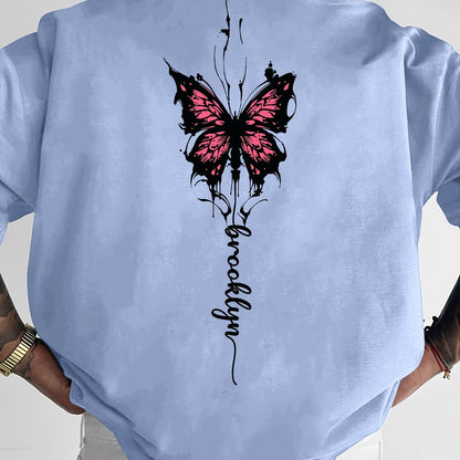 Men's Streetwear Graphic T-Shirt with Pink Butterfly & Brooklyn Letter Print - Loose Fit Casual Summer Tee, Breathable Round Neck Short Sleeve Shirt for Urban Fashion, Casual Attire, Streetstyle Tee, Relaxed Fit Top