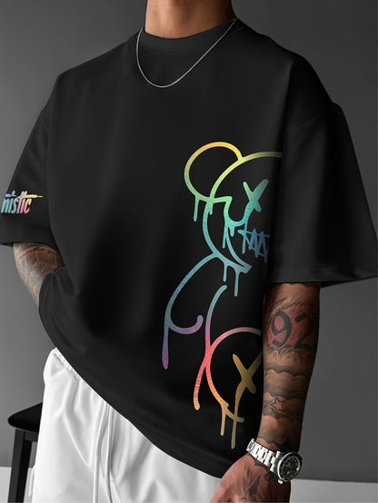 Men'S Casual Street Style Graphic T-Shirt - White with Black Abstract Design, Loose Fit, Short Sleeve, Round Neck, Summer Streetwear, Streetwear Tshirt | Street Style Shirt | Slight Stretch Fabric
