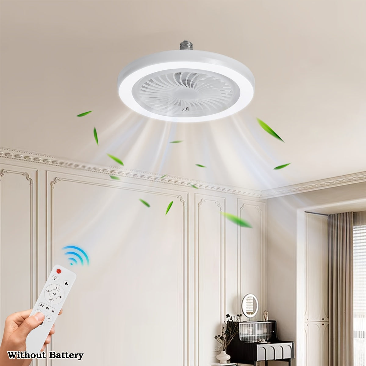 LED Smart Fan Light, Adjustable Wind Power & Infinitely Dimmable, Invisible No Blade, E27/E26 Recessed Installation with Remote Control, Modern Simple with Thin Ceiling Fan Light for Living Room, Bedroom, Dining Room, Storage
