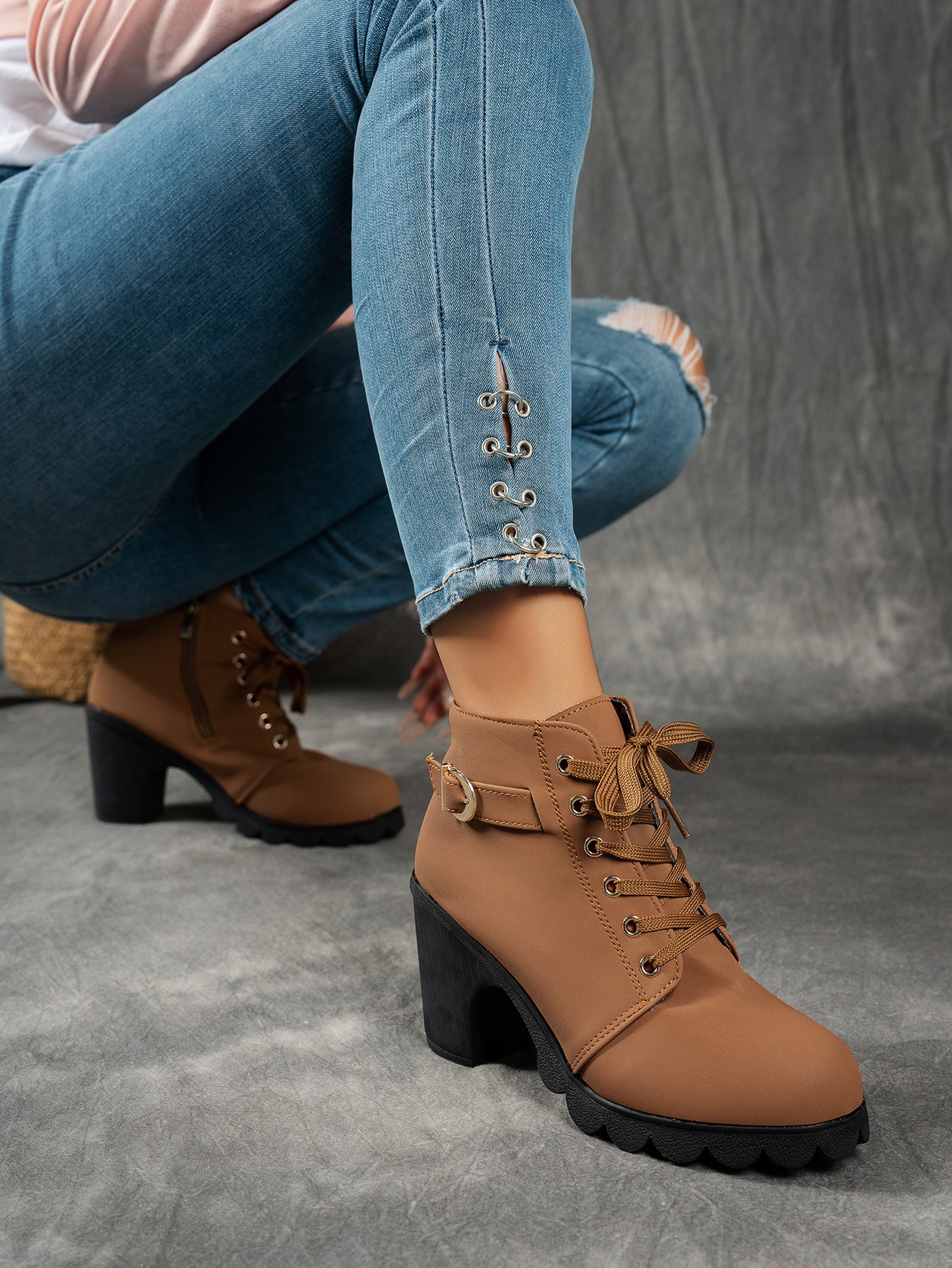 MagiMoBo Women'S Mid-Heel Ankle Boots with Side Zipper - Comfortable Faux Cover, Decorative Buckle Design, All-Season Versatile Casual Shoes for Casual Attire, Chunky Heel, Versatile Ankle Boots | Decorative Buckle Boots | Sy