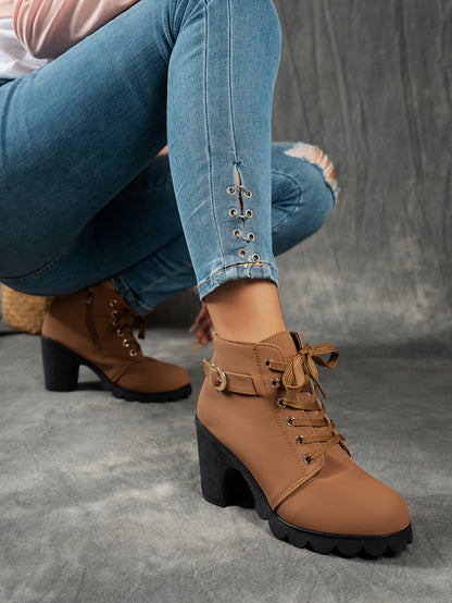 MagiMoBo Women'S Mid-Heel Ankle Boots with Side Zipper - Comfortable Faux Cover, Decorative Buckle Design, All-Season Versatile Casual Shoes for Casual Attire, Chunky Heel, Versatile Ankle Boots | Decorative Buckle Boots | Sy