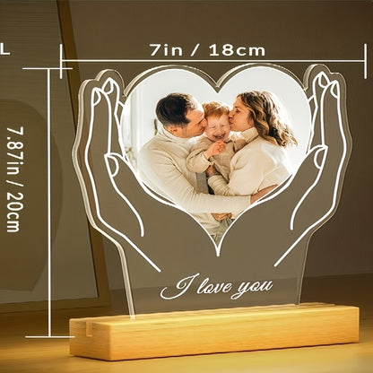 Custom Photo Frame with Hand and Heart Design, Personalized Tabletop Acrylic Frame, Vertical Oblong Orientation, Ideal for Wedding, Bridal Party, Anniversary, Birthday - Couples, Friends, Mom Keepsake - Fits Various Photo Siz