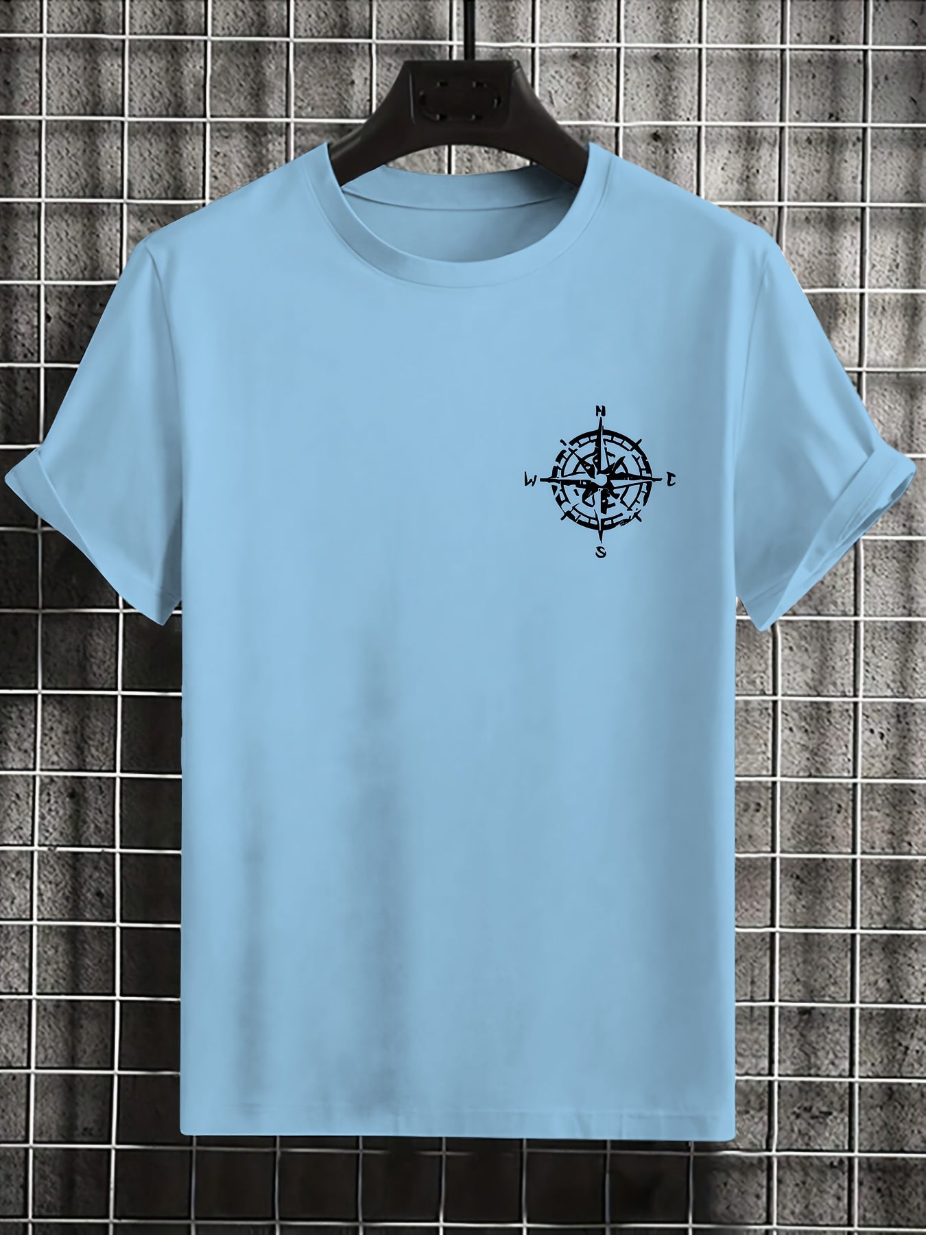 Men'S Summer Short Sleeve T-Shirt with Bold Eagle & Compass Print - Light Blue Casual Round Neck Tee, Comfortable Stretch Fabric for Casual Attire, Everyday Tshirt | Bold Graphic Tee | Comfortable Fit