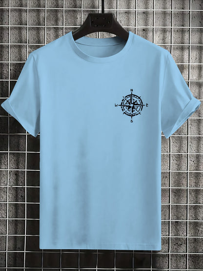 Men'S Summer Short Sleeve T-Shirt with Bold Eagle & Compass Print - Light Blue Casual Round Neck Tee, Comfortable Stretch Fabric for Casual Attire, Everyday Tshirt | Bold Graphic Tee | Comfortable Fit