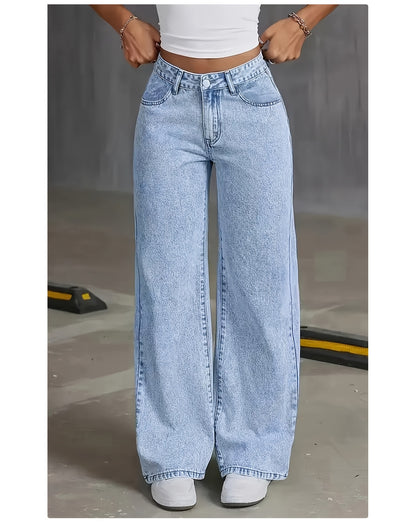 Women's 2025 new stretch loose wide leg straight jeans. acid wash light blue tummy control casual pants with pockets, high waisted comfort solid color pantalones, elegant ladies' clothing, denim trousers fit for travel, work