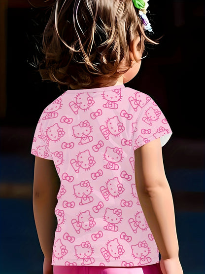 Kids' Short Sleeve T-Shirt - Cute Pink for Hello Kitty Cartoon Pattern, 3D Digital Print, Suitable for Outdoor | Casual | Sports | Home, Comfortable Sliky Fiber Fabric Fabric