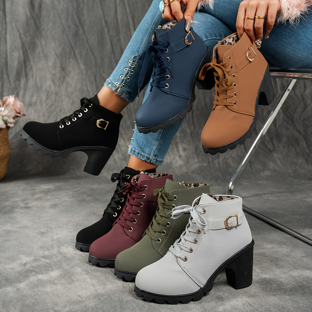 MagiMoBo Women'S Mid-Heel Ankle Boots with Side Zipper - Comfortable Faux Cover, Decorative Buckle Design, All-Season Versatile Casual Shoes for Casual Attire, Chunky Heel, Versatile Ankle Boots | Decorative Buckle Boots | Sy