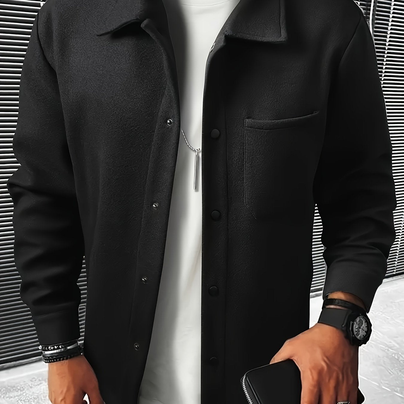 Men's Casual Button-Up Jacket with Front Pocket and Turn-Down Collar, Solid Color, PLUS SIZE