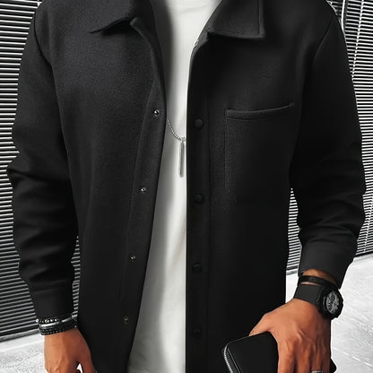 Men's Casual Button-Up Jacket with Front Pocket and Turn-Down Collar, Solid Color, PLUS SIZE