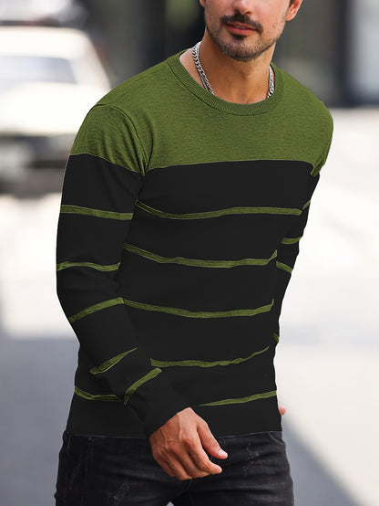 Men's Casual Striped Knit Pullover Sweater - Navy & White Contrast, Regular Fit H-Silhouette, Long Sleeve Crew Neck, Medium Stretch, Machine Washable for Spring & Fall, Mediumstretch Fabric