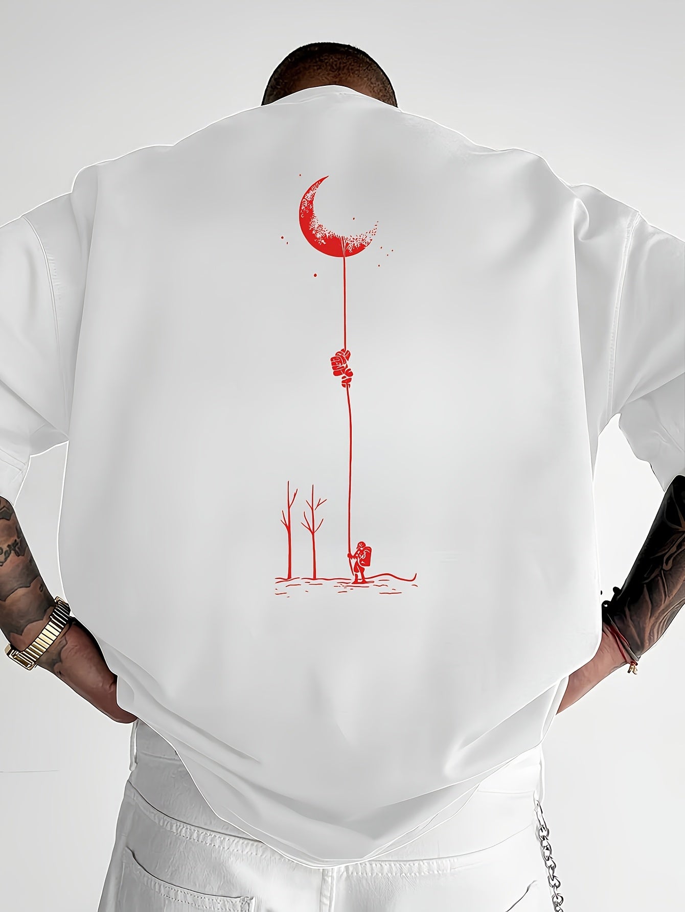 Men's Graphic Print Short Sleeve T-Shirt - Black Relaxed Fit Casual Round Neck, Durable Polyester Fabric, Machine Washable Summer Outdoor Top, Moon And Trees Design | Lightweight Clothing