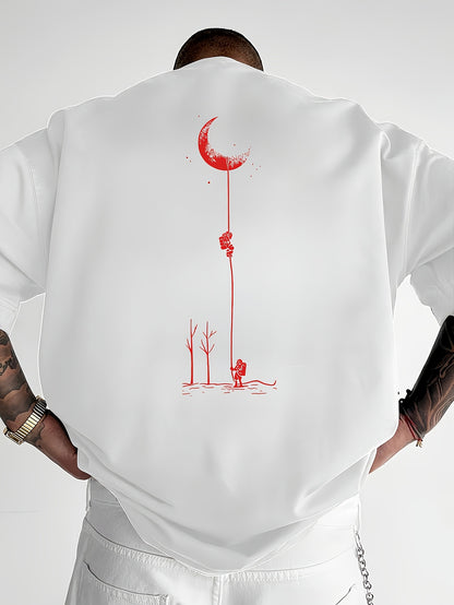 Men's Graphic Print Short Sleeve T-Shirt - Black Relaxed Fit Casual Round Neck, Durable Polyester Fabric, Machine Washable Summer Outdoor Top, Moon And Trees Design | Lightweight Clothing