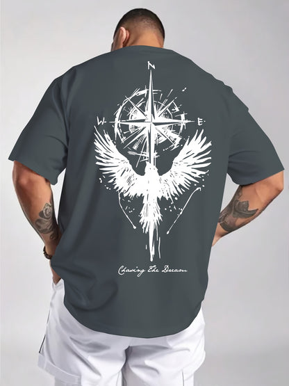 Men'S Summer Short Sleeve T-Shirt with Bold Eagle & Compass Print - Light Blue Casual Round Neck Tee, Comfortable Stretch Fabric for Casual Attire, Everyday Tshirt | Bold Graphic Tee | Comfortable Fit