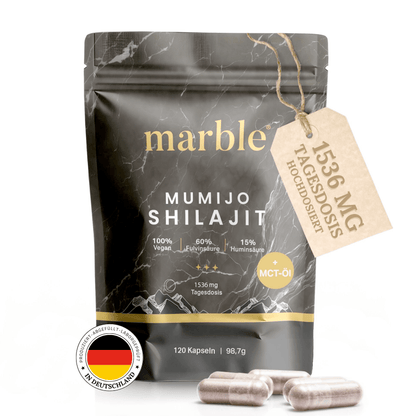 Marble Shilajit Original Himalaya Capsules with MCT Oil - Mumijo Shilajit 120pcs Ultra High-Dose in a Bag - 1536 Mg Daily Dose Vegan - Filled And Laboratory-Tested in Germany - Made in Germany