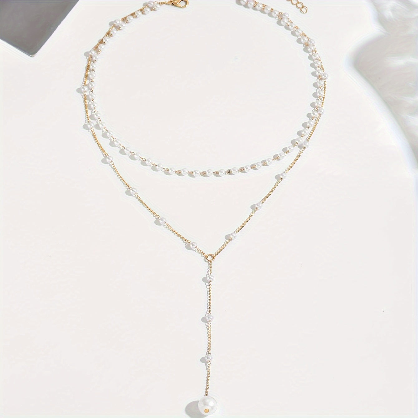 1pc Elegant Double Layer Faux Pearl Tassel Necklace - Vintage Style, Zinc Alloy, Adjustable Bead Count for Daily & Party Wear, All-Season Accessory
