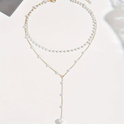 1pc Elegant Double Layer Faux Pearl Tassel Necklace - Vintage Style, Zinc Alloy, Adjustable Bead Count for Daily & Party Wear, All-Season Accessory