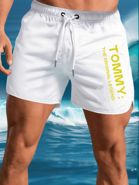 2025 Men'S Lightweight Quick-Dry Swim Trunks with Bold "Tommy" Letter Print - Breathable Moisture-Wicking Fabric, Adjustable Drawstring Waist, Loose Fit with Pockets for Beach, Pool & Outdoor Activities (Multiple Colors), Bat