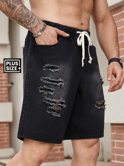 Men's Big & Tall Jeans Shorts - Non-Stretch Heavy-Duty Jeans Fabric, Drawstring Waistband, Loose Fit Casual Pants for Everyday & Formal Outfits - Machine Washable Denim Shorts, Relaxed Style, Distressed Look, Sturdy Construct