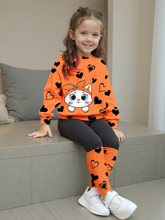 Girls' Spring/Autumn Heart Print Round Neck T-Shirt + Casual Patchwork Pants Cute Cat Pattern Two-Piece Set